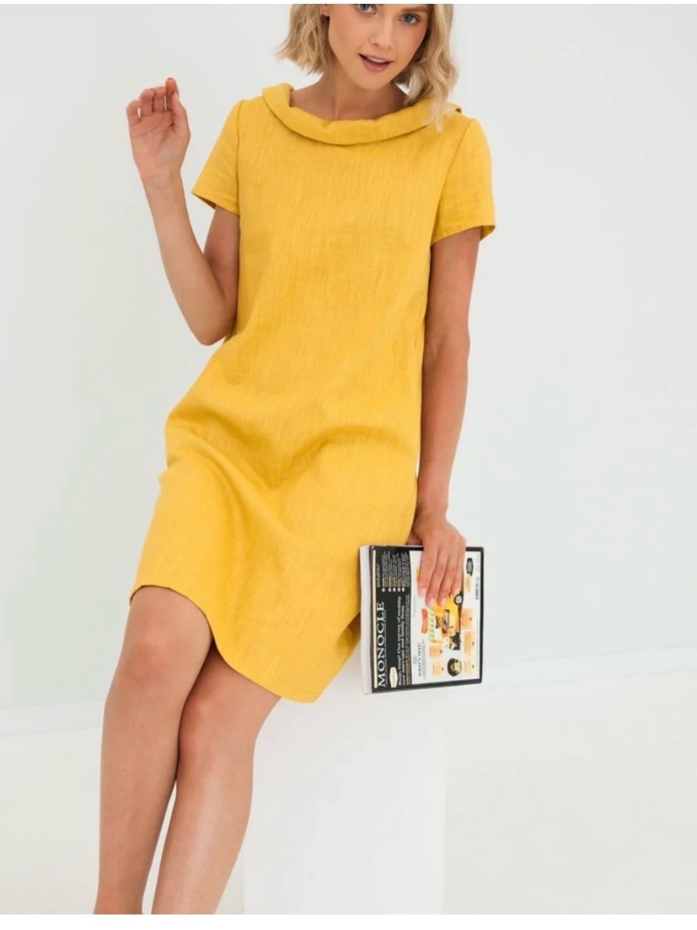 Yellow Short Sleeve Linen Blend Shift Dress with Rolled Collar Le Muse
